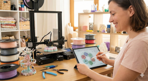 Woman designing on tablet with 3D printer and colorful crafting supplies